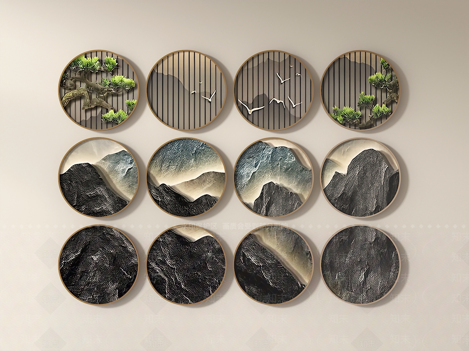 新中式禅意素雅山水风景松树飞鸟装饰画SU模型下载【ID:1126888960】