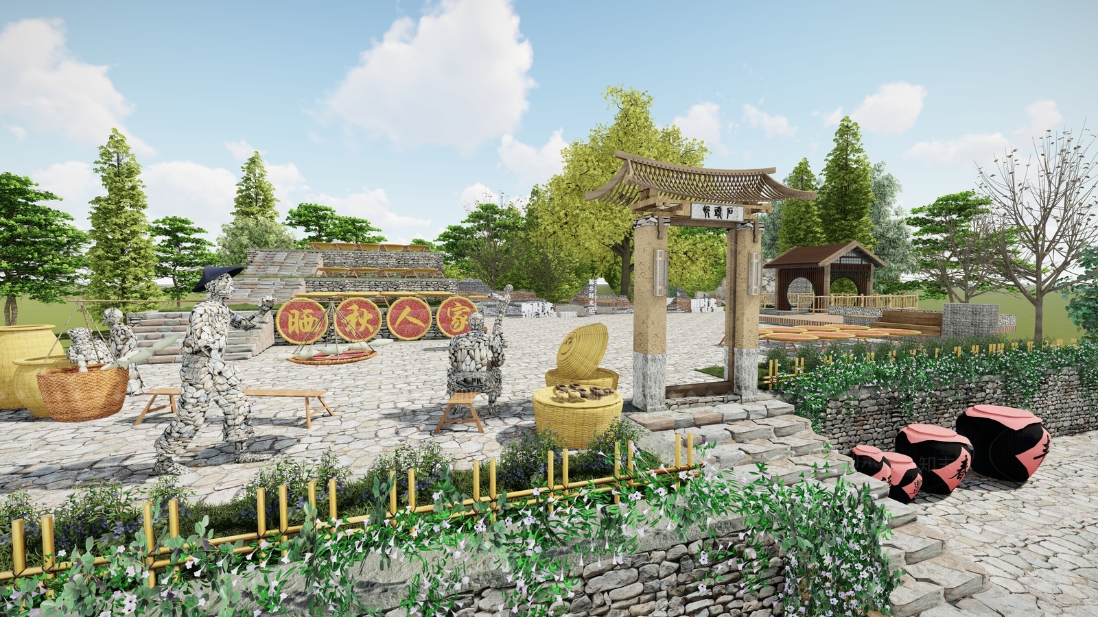 新中式广场景观SU模型下载【ID:1126976718】