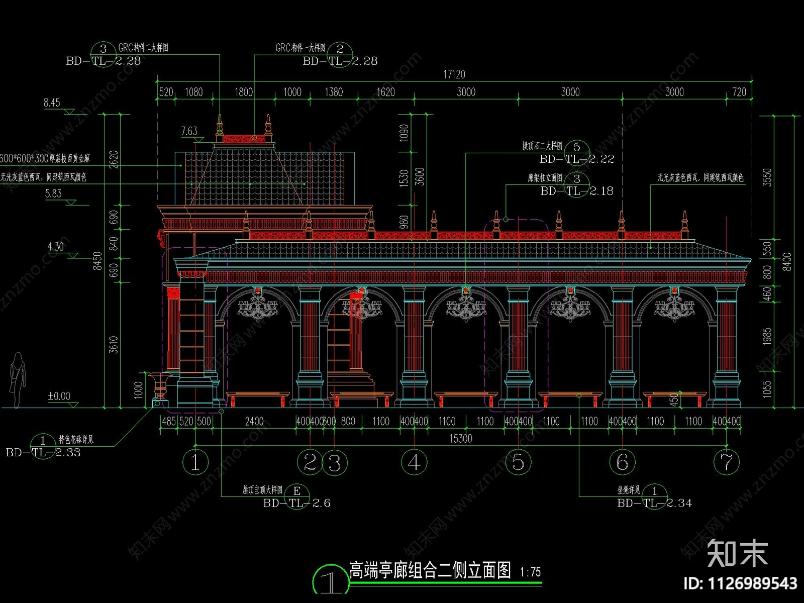 欧式U型亭廊组合cad施工图下载【ID:1126989543】