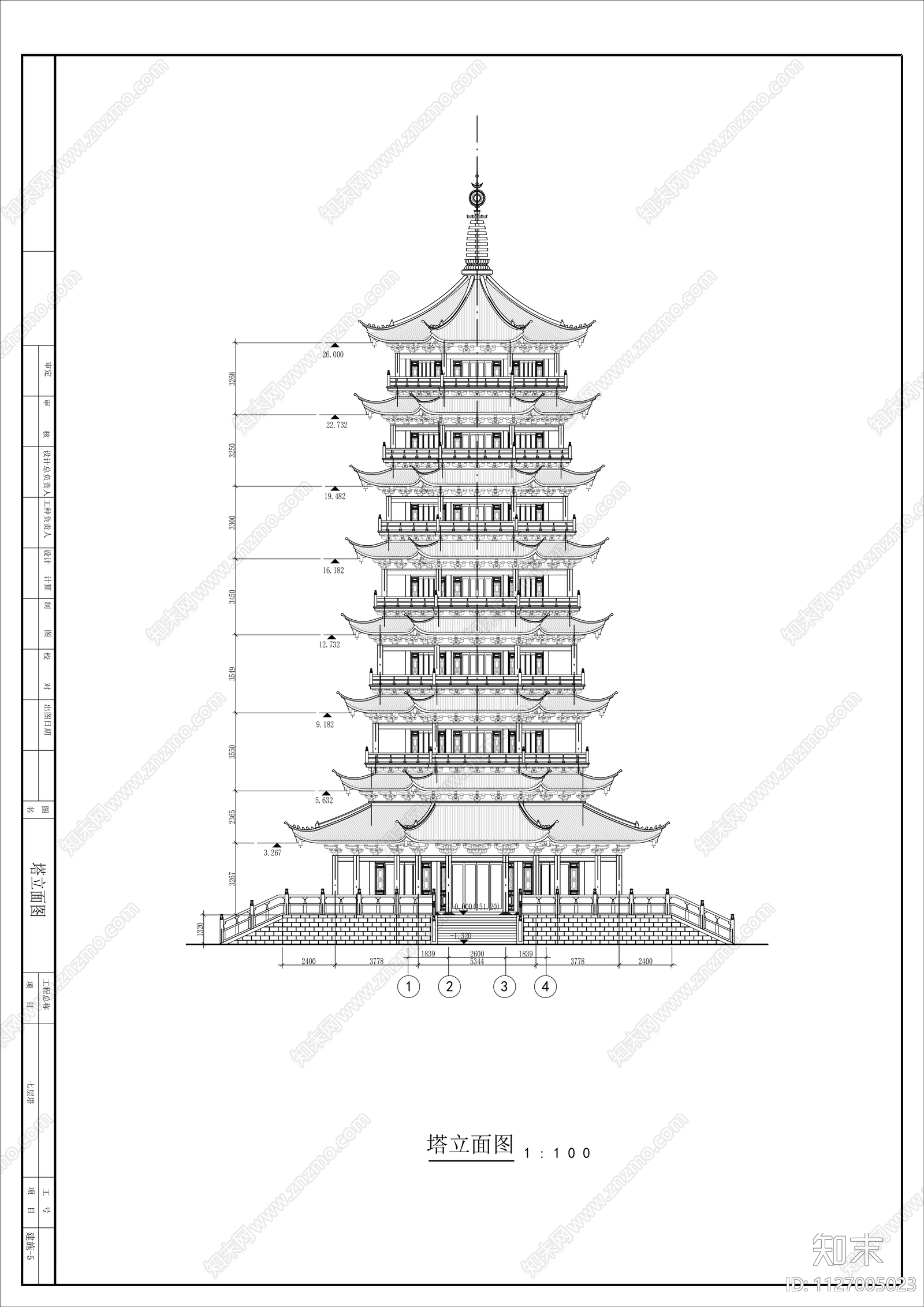 七层仿古佛塔建筑cad施工图下载【ID:1127005023】