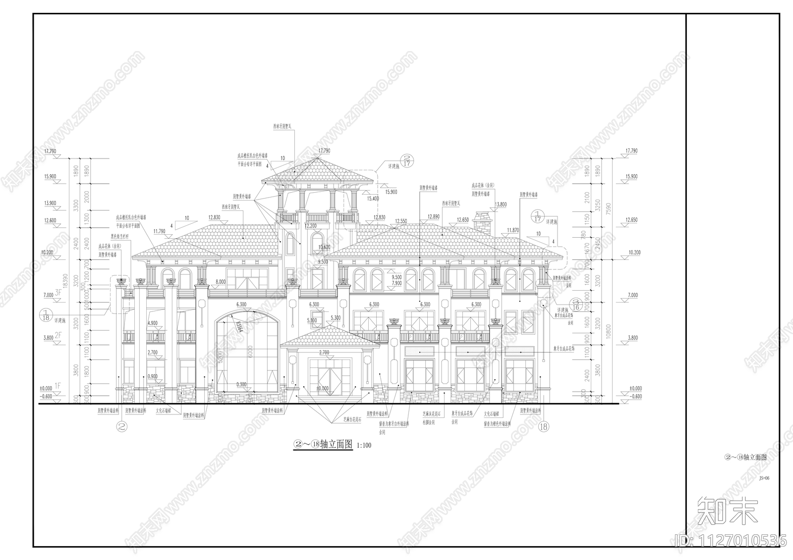 三层欧式豪宅建筑cad施工图下载【ID:1127010536】