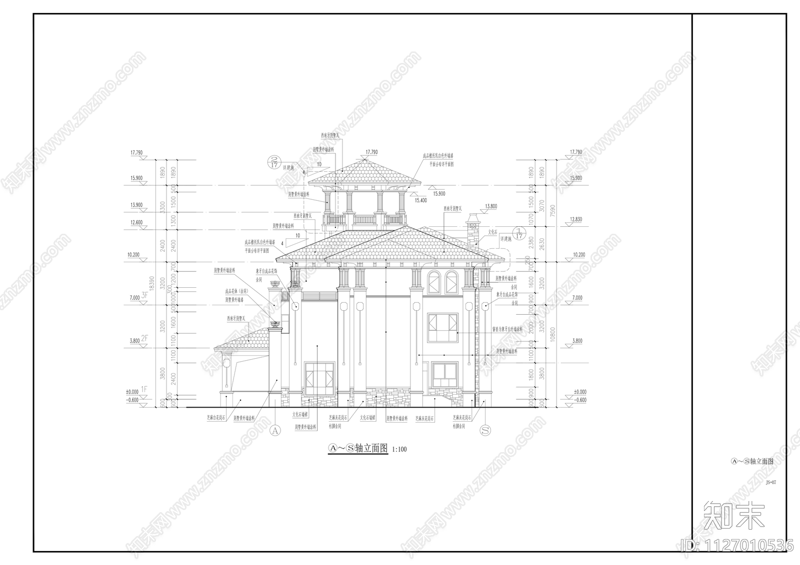 三层欧式豪宅建筑cad施工图下载【ID:1127010536】