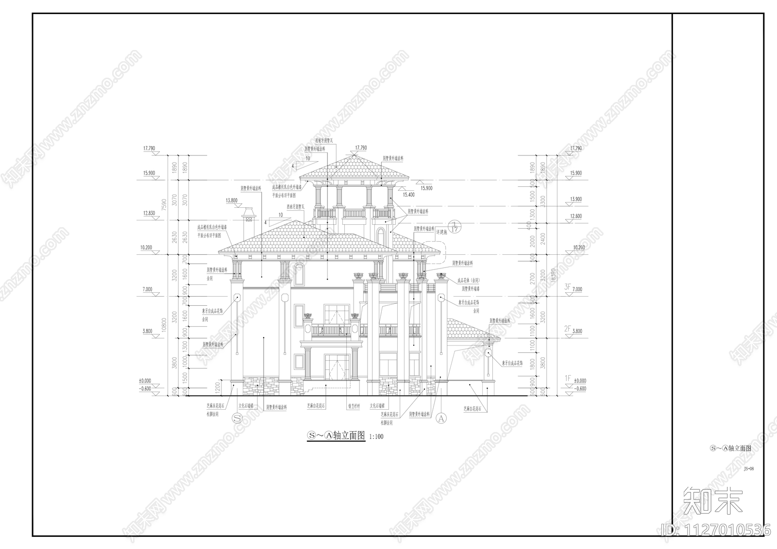 三层欧式豪宅建筑cad施工图下载【ID:1127010536】