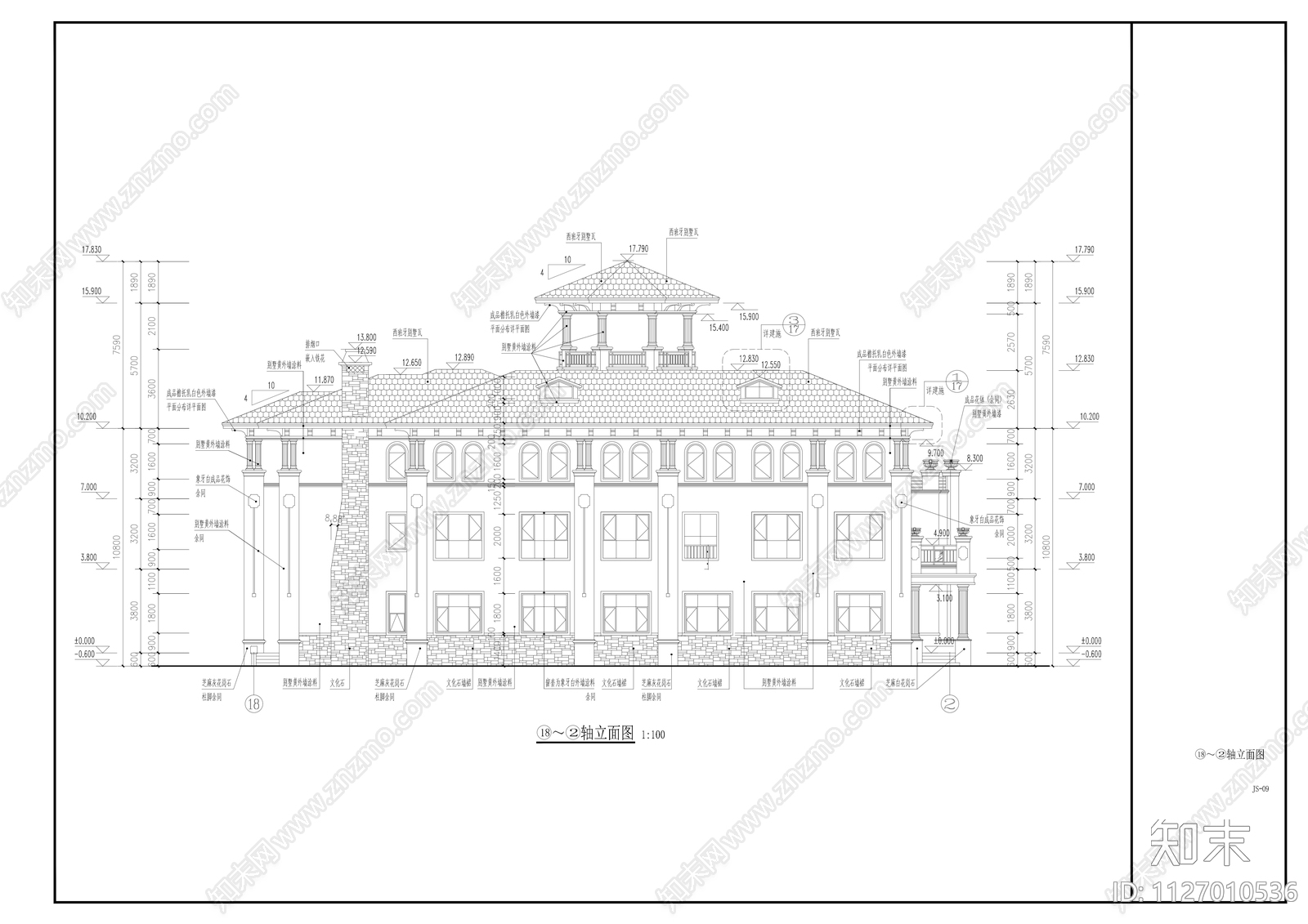 三层欧式豪宅建筑cad施工图下载【ID:1127010536】