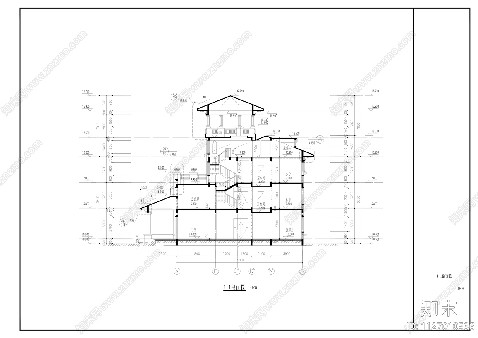 三层欧式豪宅建筑cad施工图下载【ID:1127010536】