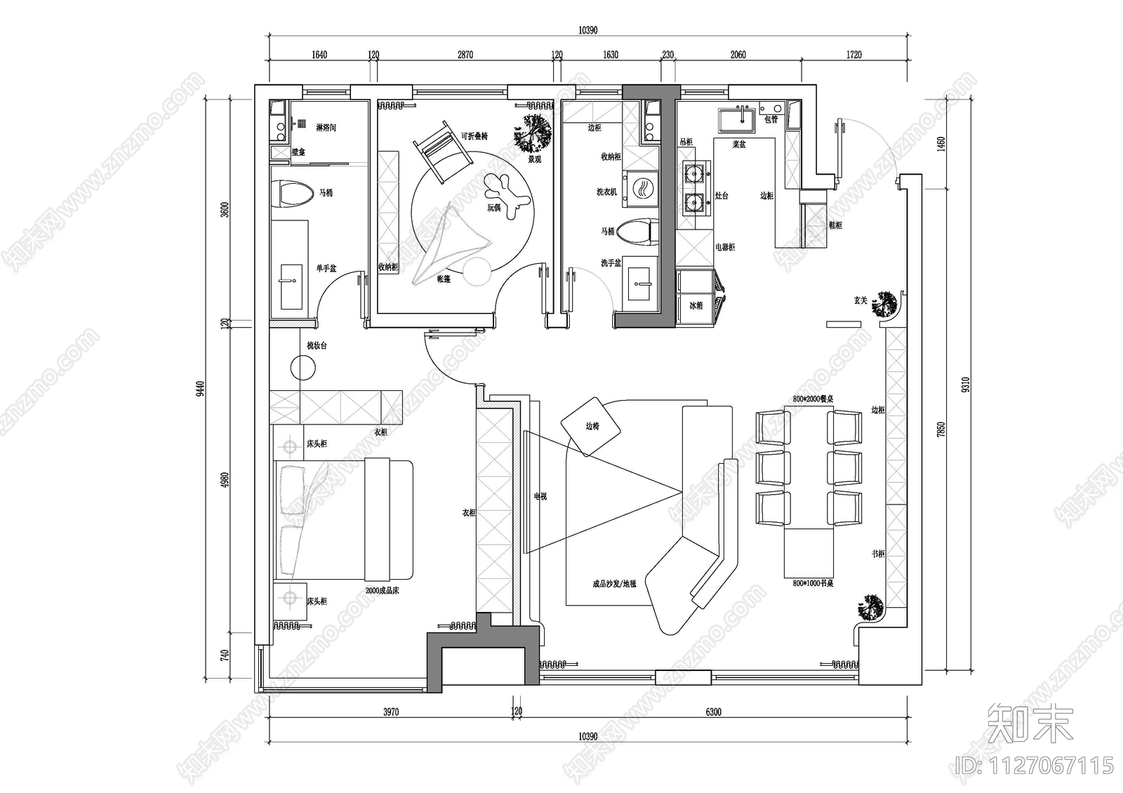 现代简约平层cad施工图下载【ID:1127067115】