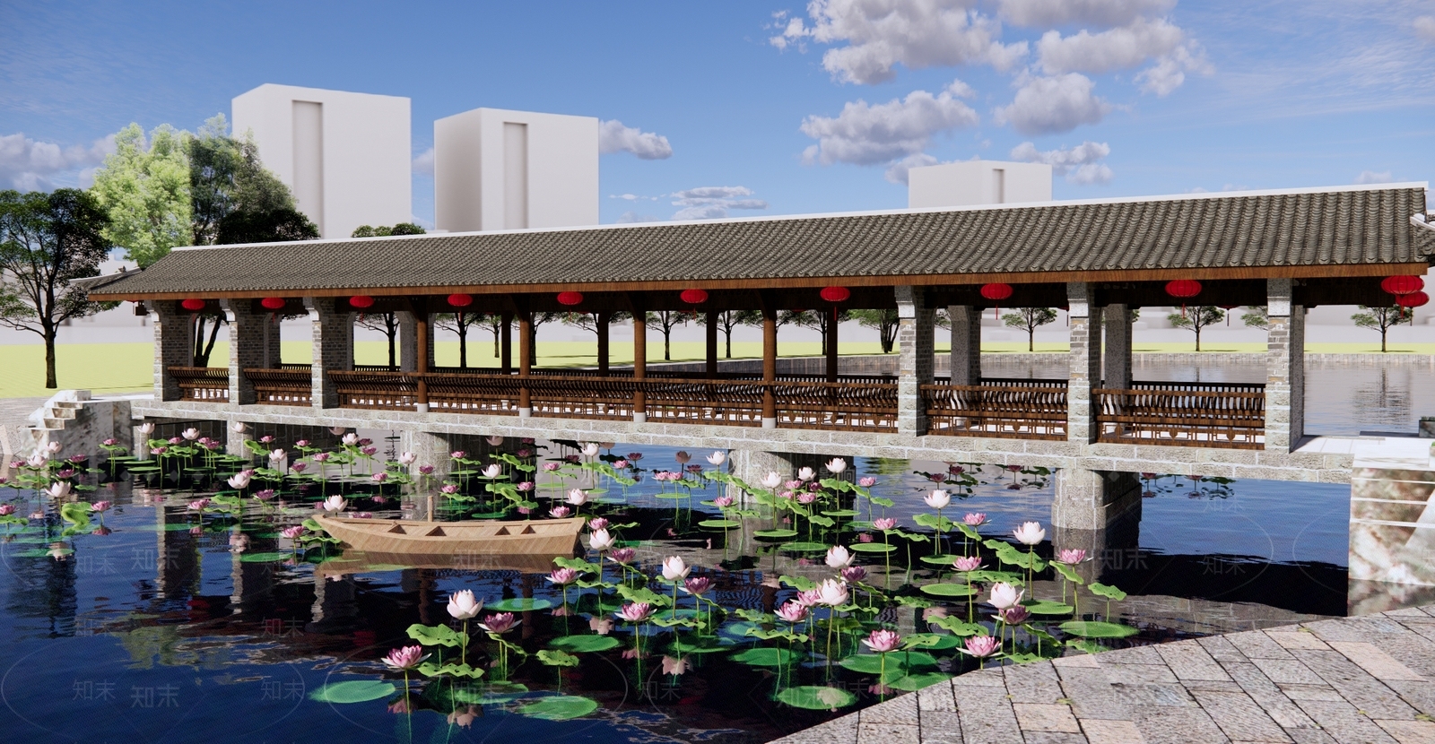 新中式美丽乡村景观廊桥SU模型下载【ID:1127062451】