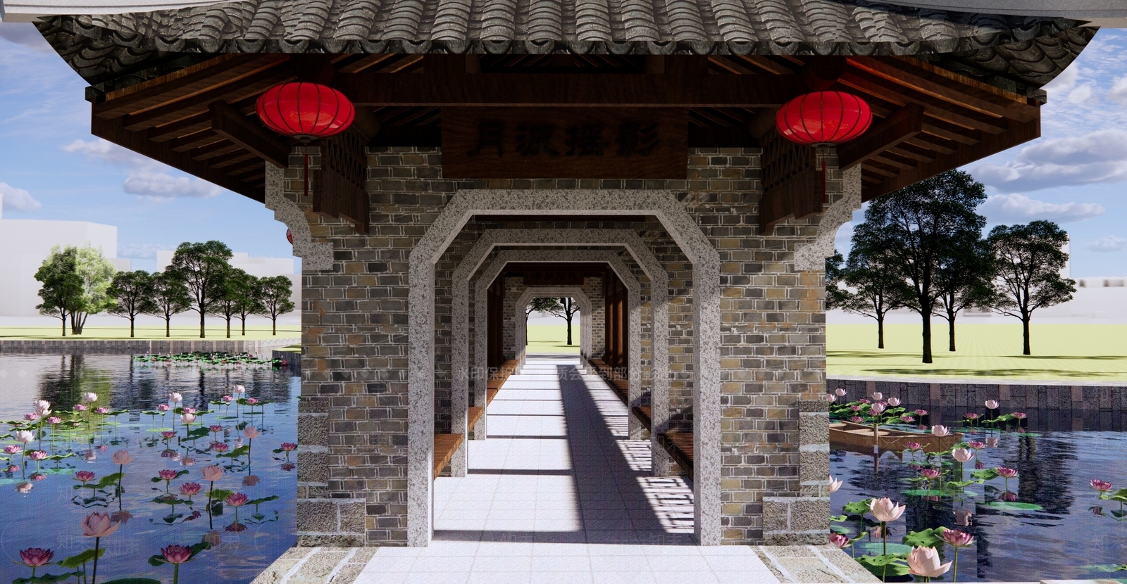 新中式美丽乡村景观廊桥SU模型下载【ID:1127062451】