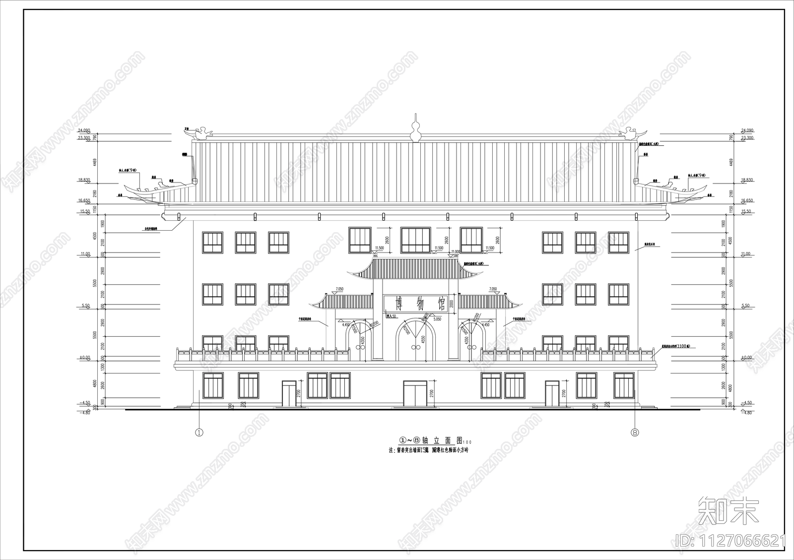 中式博物馆建筑cad施工图下载【ID:1127066621】