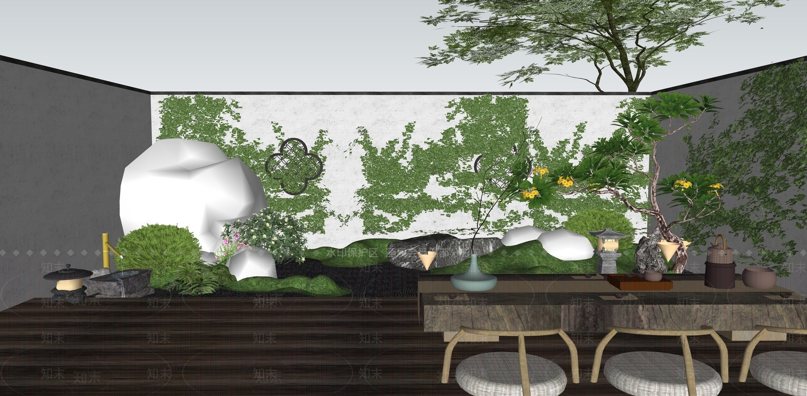 新中式禅意庭院花园SU模型下载【ID:1127080100】_知末su模型网