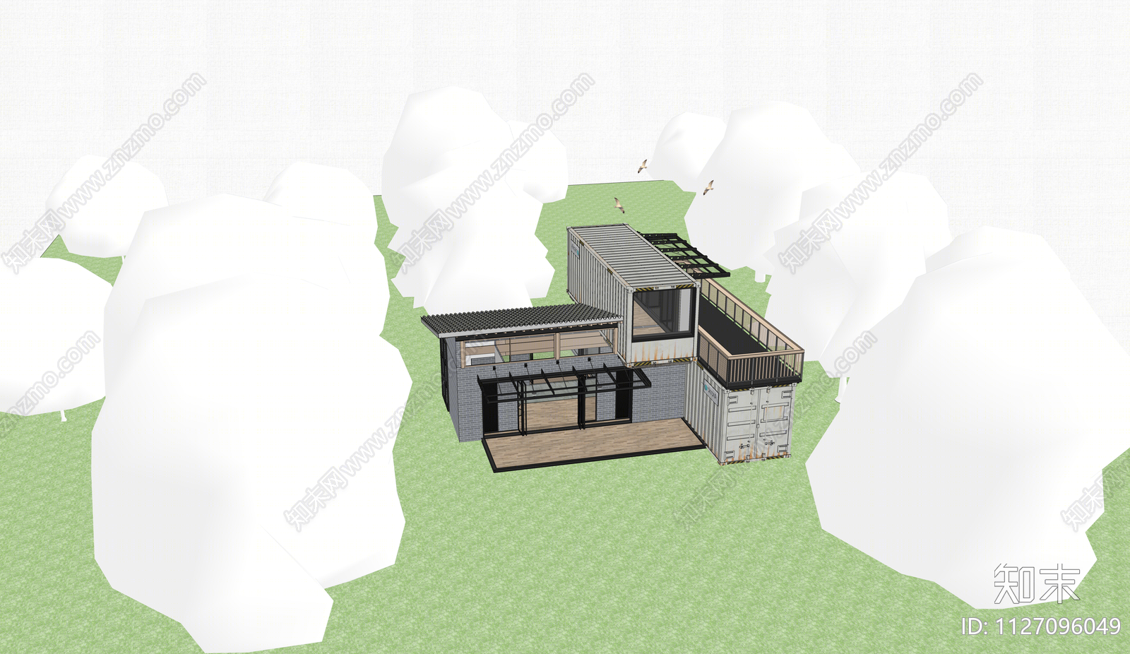 现代集装箱独栋别墅SU模型下载【ID:1127096049】