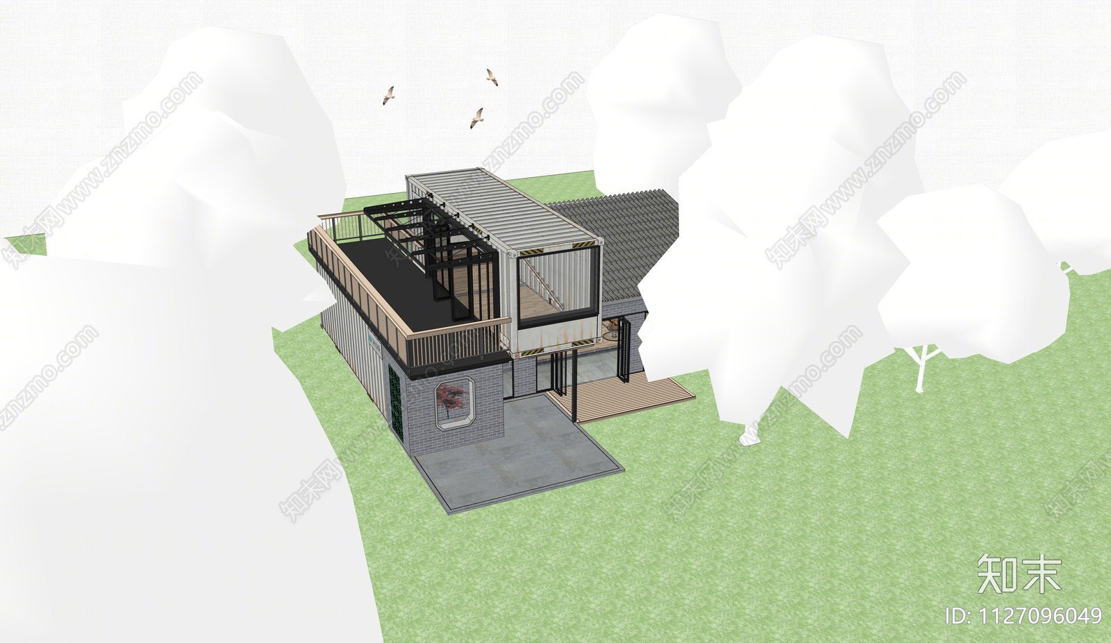 现代集装箱独栋别墅SU模型下载【ID:1127096049】