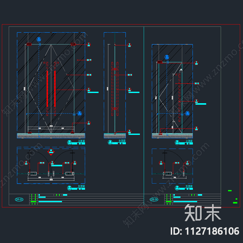 商铺玻璃门cad施工图下载【ID:1127186106】