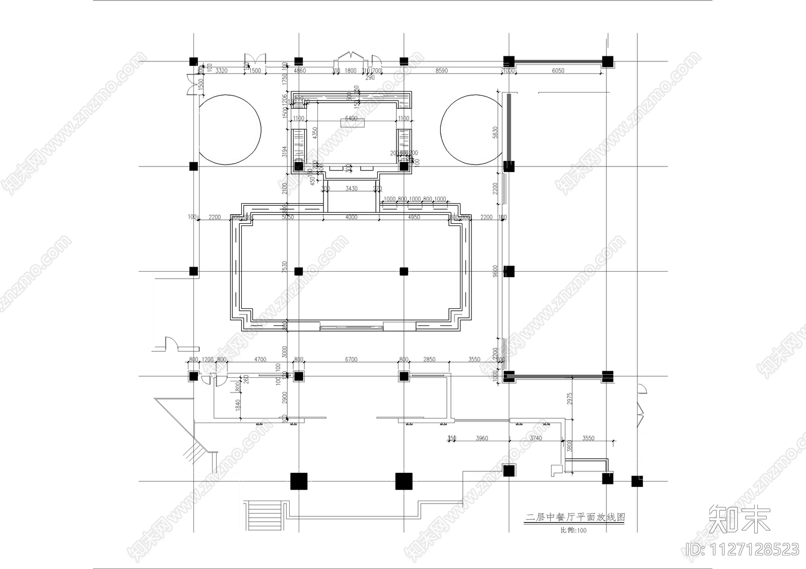 中餐厅散座区装修图cad施工图下载【ID:1127128523】