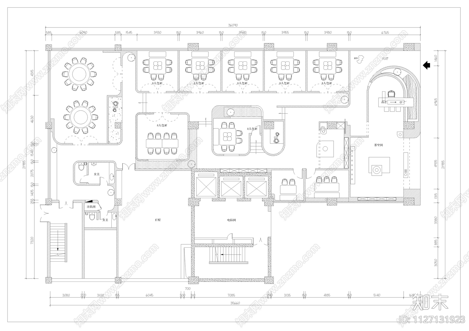 现代简约火锅店CAD平面布置图施工图下载【ID:1127131923】