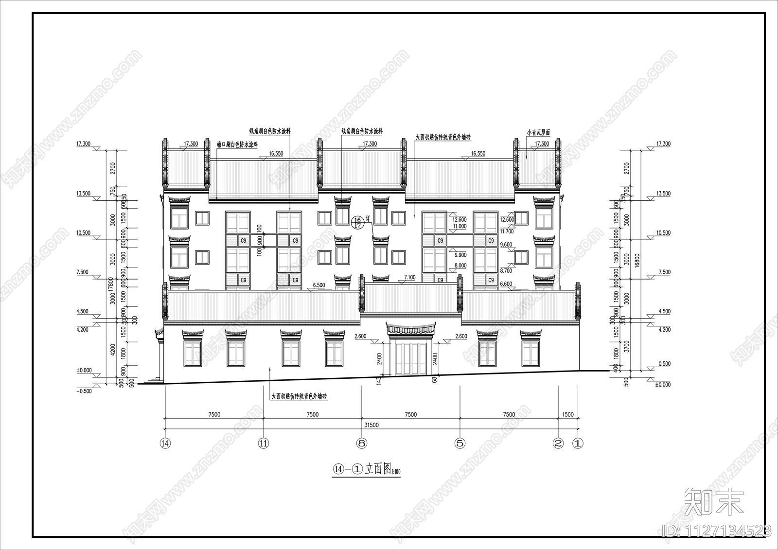 新中式徽式建筑cad施工图下载【ID:1127134523】