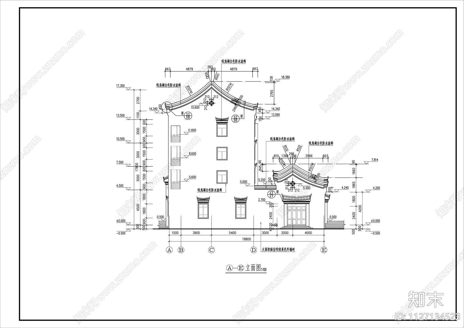 新中式徽式建筑cad施工图下载【ID:1127134523】