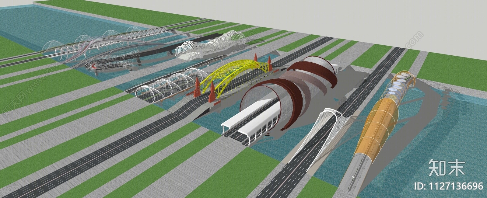 现代滨水景观桥SU模型下载【ID:1127136696】