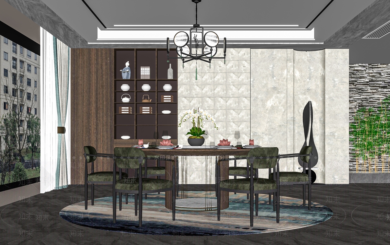 新中式餐厅SU模型下载【ID:1127158640】_知末su模型网