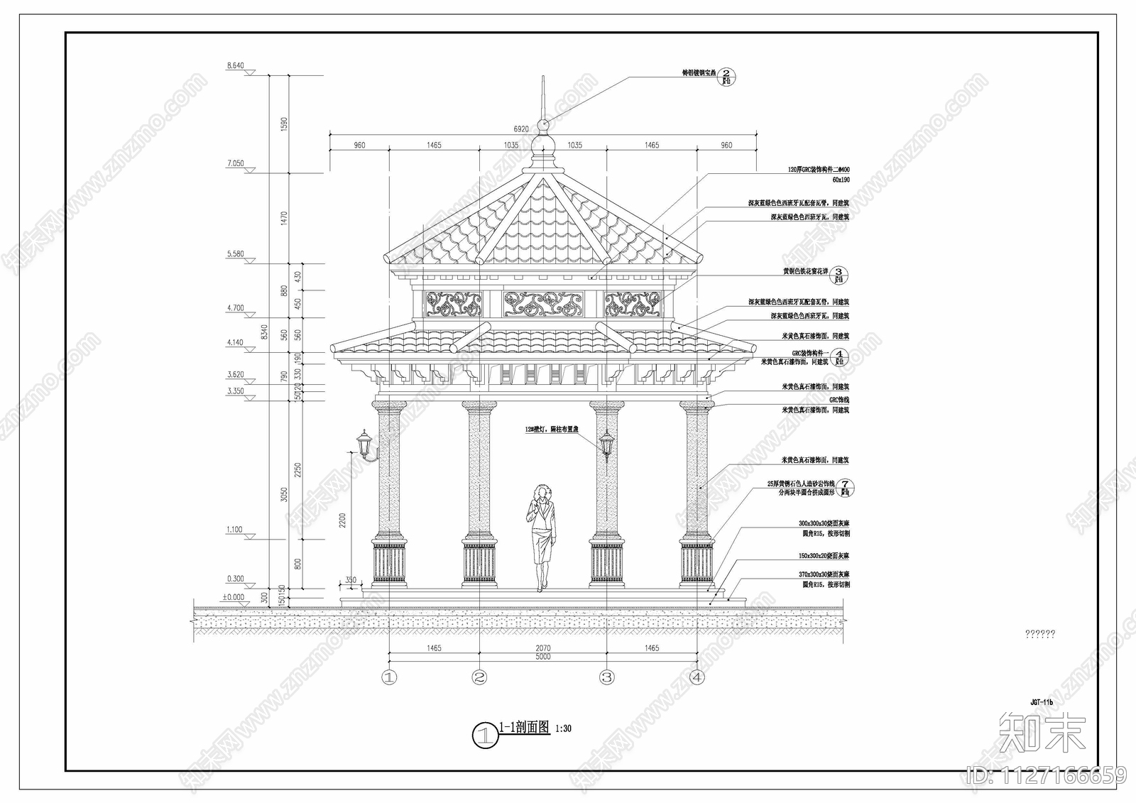 欧式简约六角双层景观亭cad施工图下载【ID:1127166659】