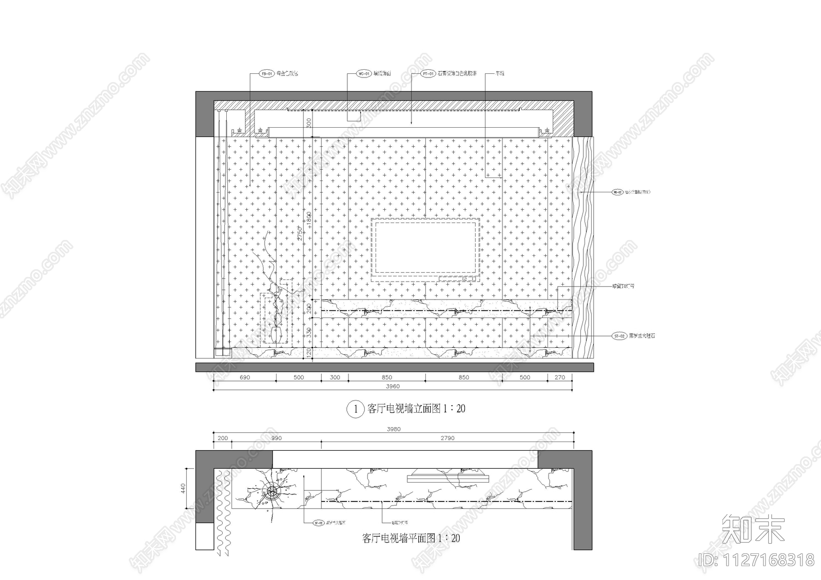 客厅石材电视背景墙大样图施工图下载【ID:1127168318】