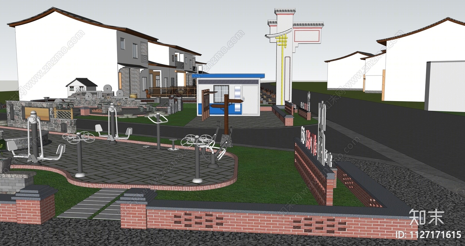新中式乡村广场公园SU模型下载【ID:1127171615】