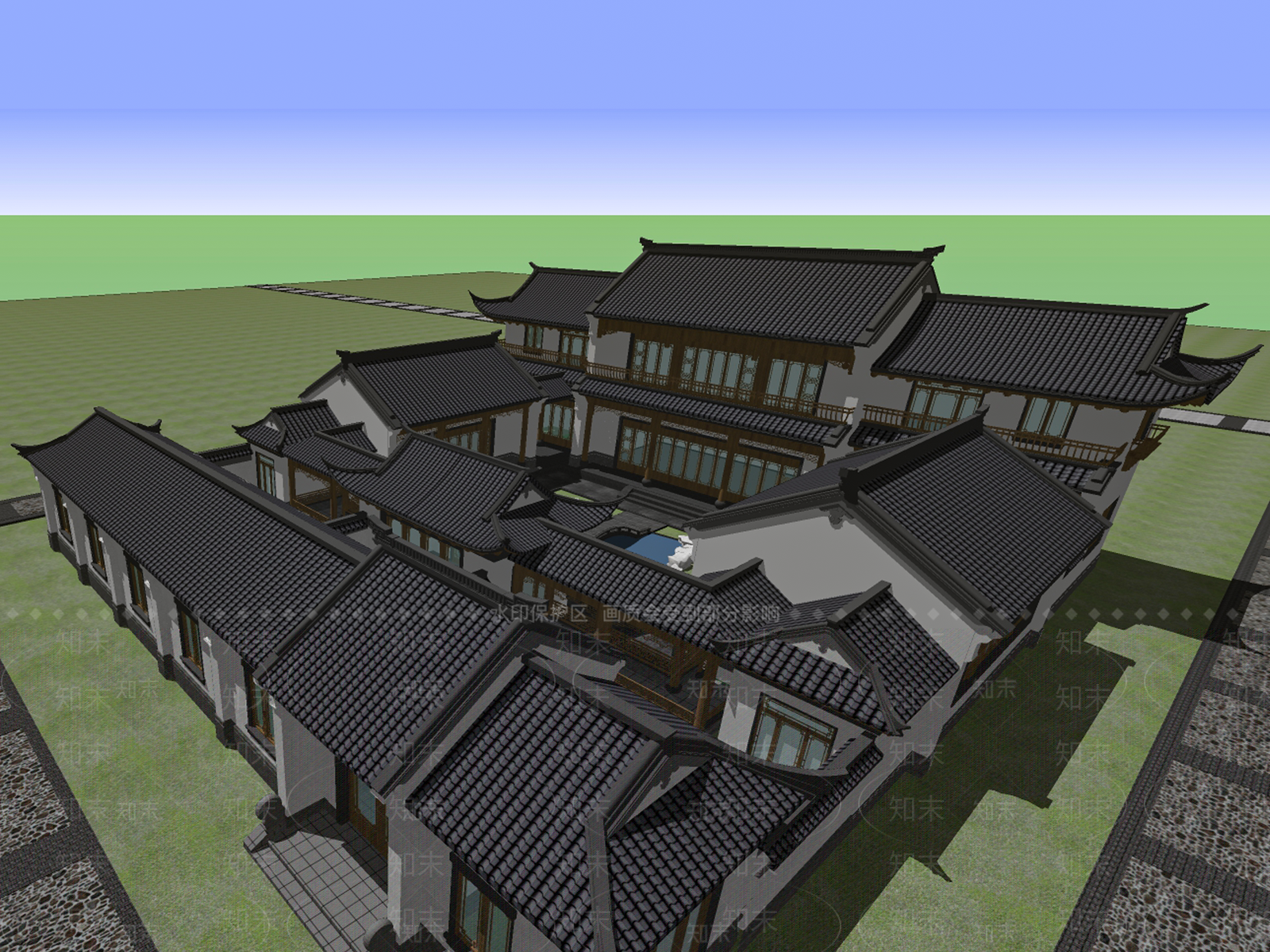 中式四合院建筑SU模型下载【ID:1127178038】