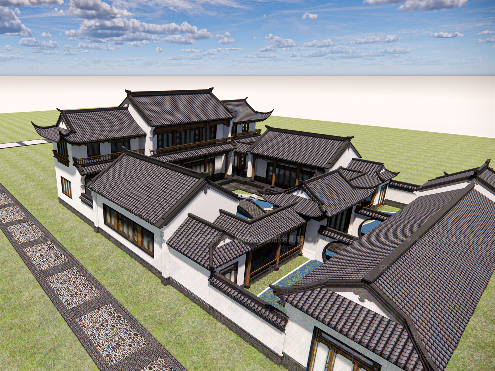 中式四合院建筑SU模型下载【ID:1127178038】