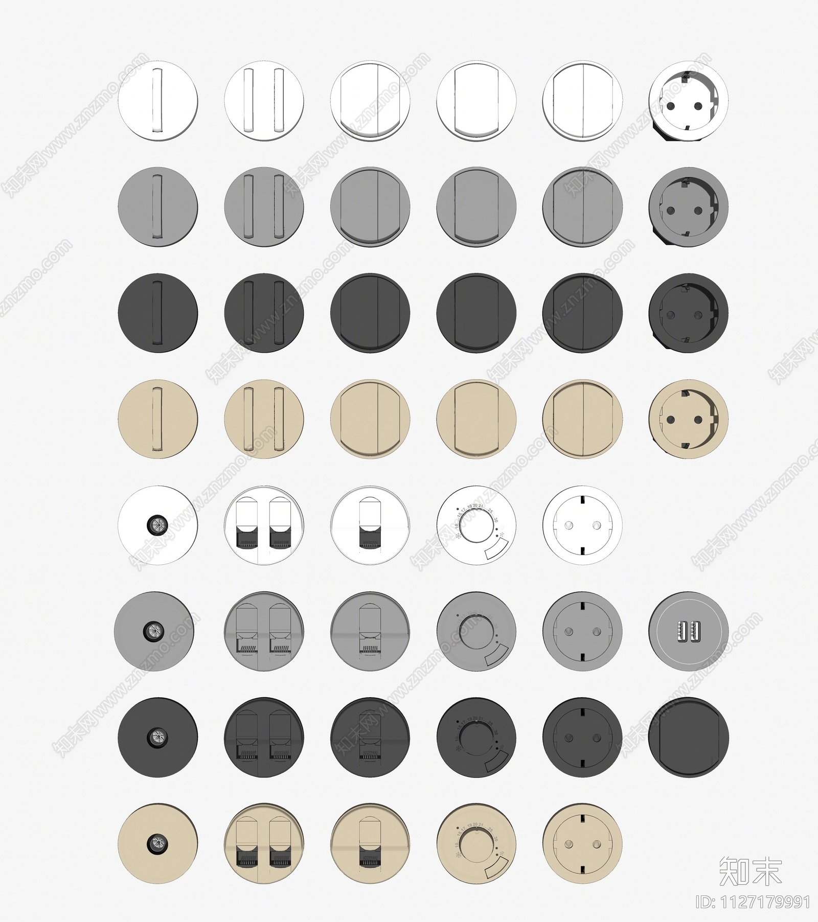 现代圆形强弱电开关面板插座组合SU模型下载【ID:1127179991】