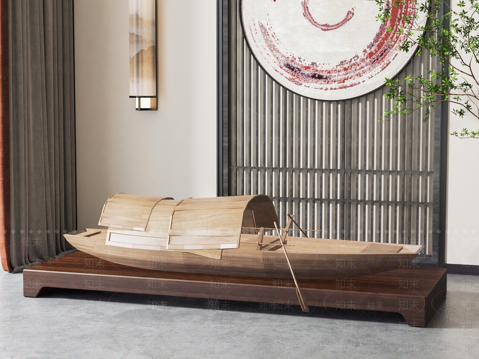 新中式木船雕塑装置3D模型下载【ID:1127203468】