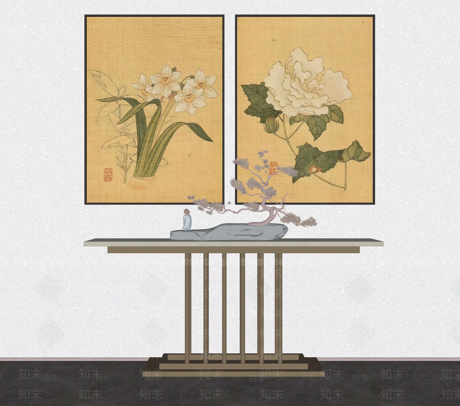 新中式风格端景条案SU模型下载【ID:1127236924】