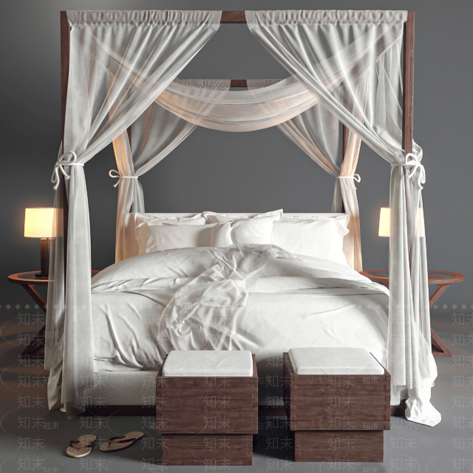 现代布幔双人床SU模型下载【ID:1127280143】