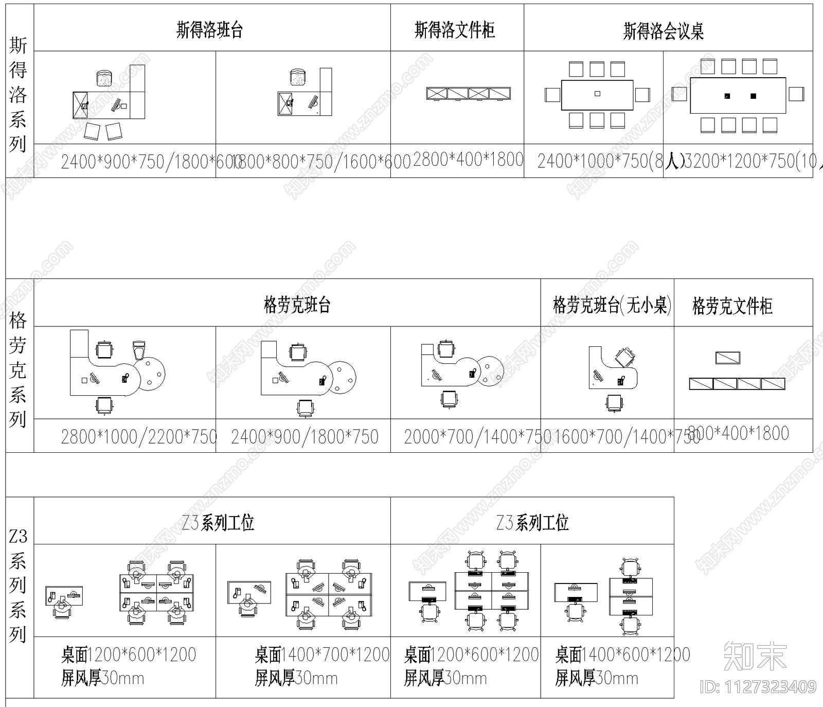 现代简约办公家具cad图库cad施工图下载【ID:1127323409】