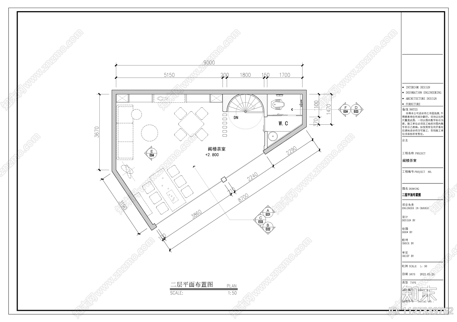 新中式阁楼茶室cad施工图下载【ID:1127339762】