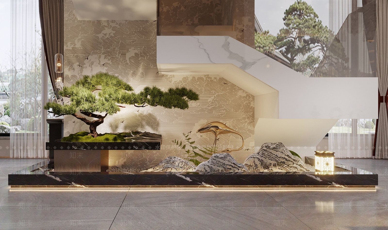 新中式楼梯间景观造景3D模型下载【ID:1127347890】