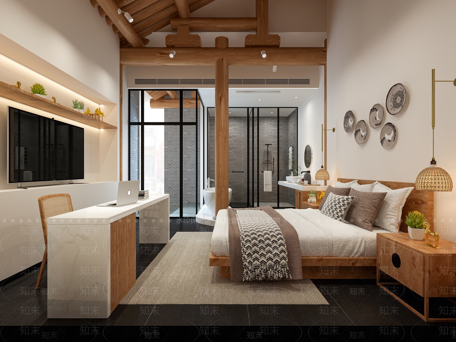 新中式酒店客房3D模型下载【ID:1127375022】_知末3d模型网