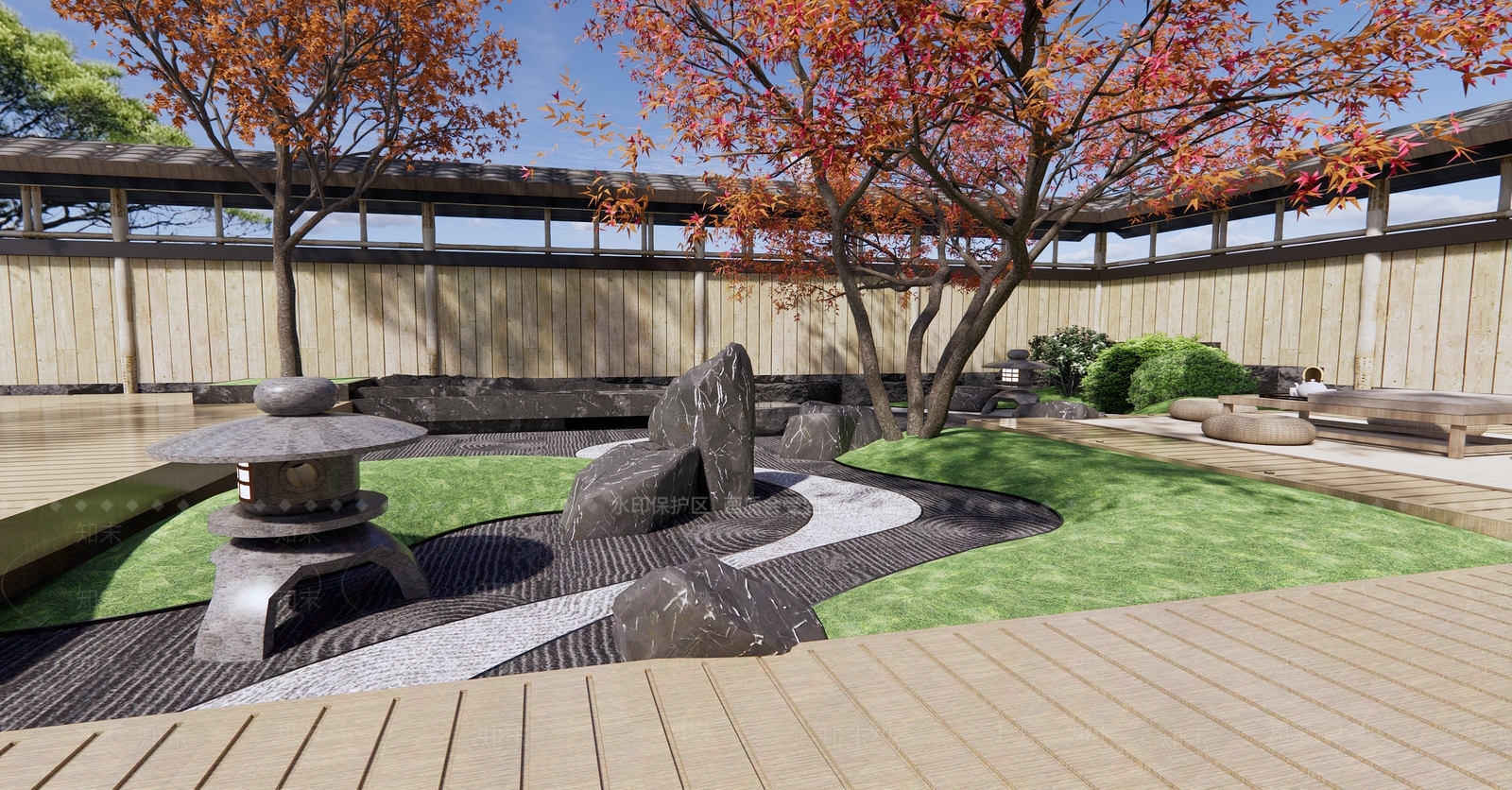 日式枯山水居家庭院3D模型下载【ID:1127375517】_知末3d模型网