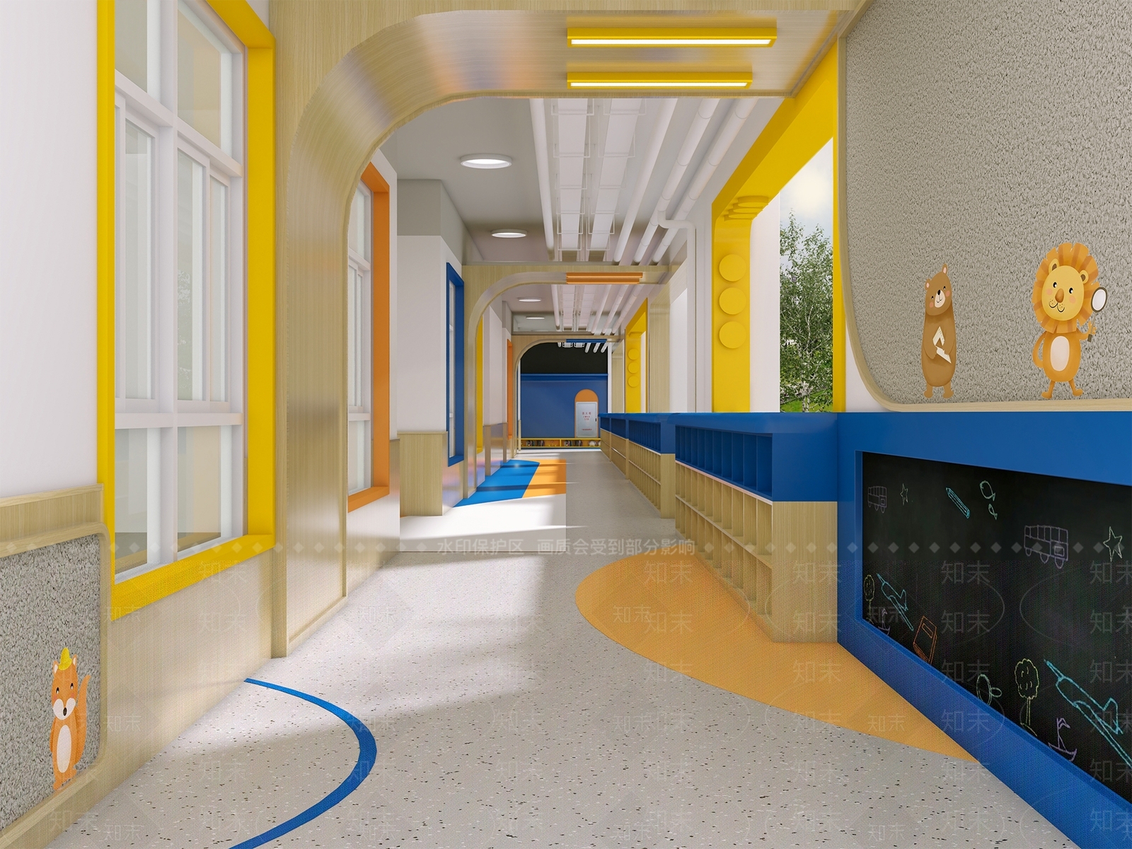 现代幼儿园走道走廊3D模型下载【ID:1127410055】