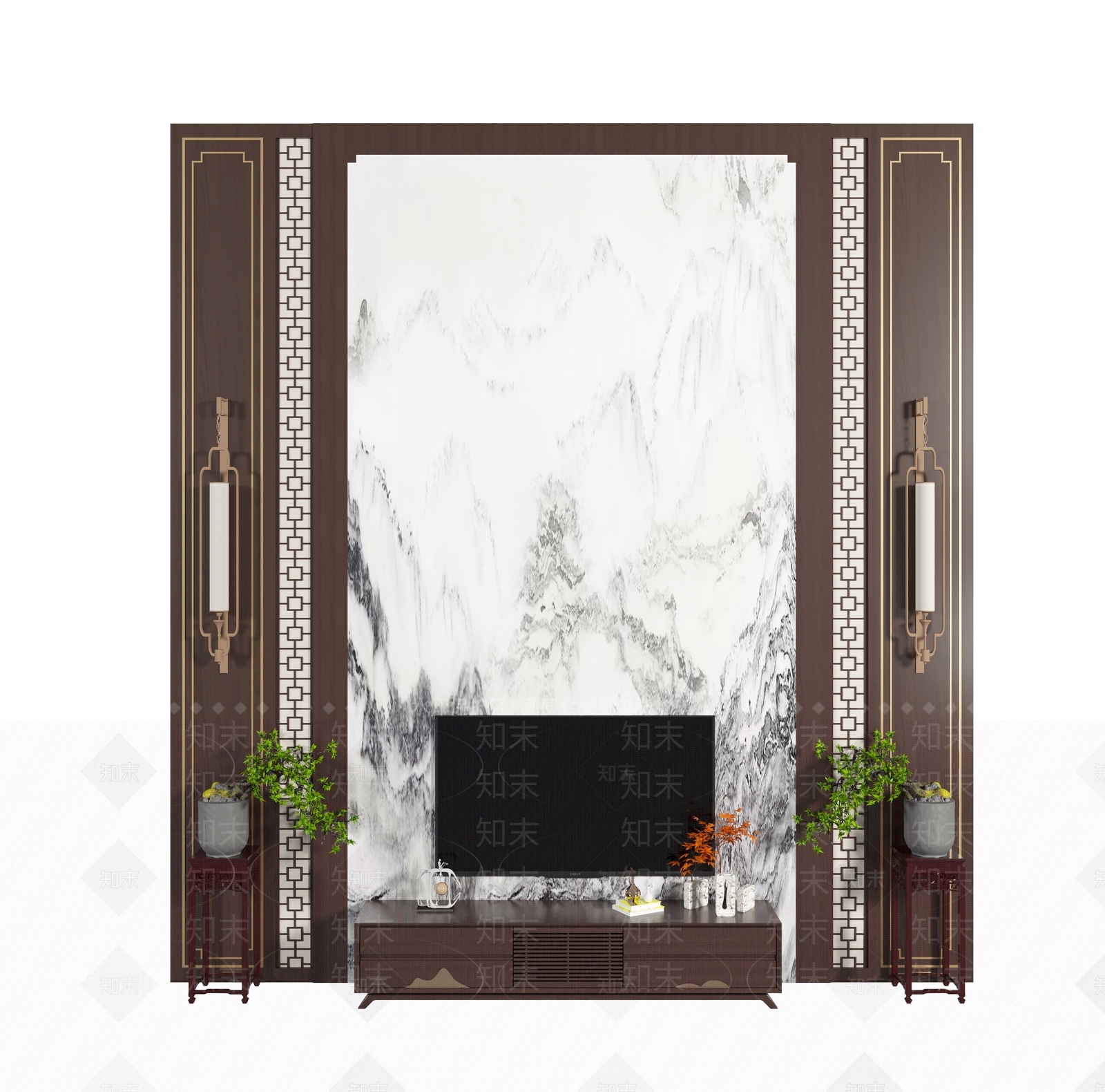 新中式别墅电视背景墙3D模型下载【ID:1127442857】