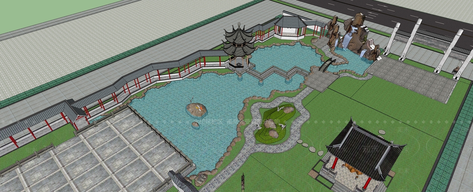 中式公园景观SU模型下载【ID:1127450229】