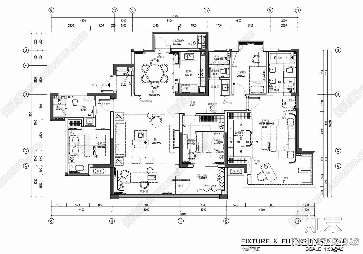 180㎡家装大平层cad施工图下载【ID:1127454328】