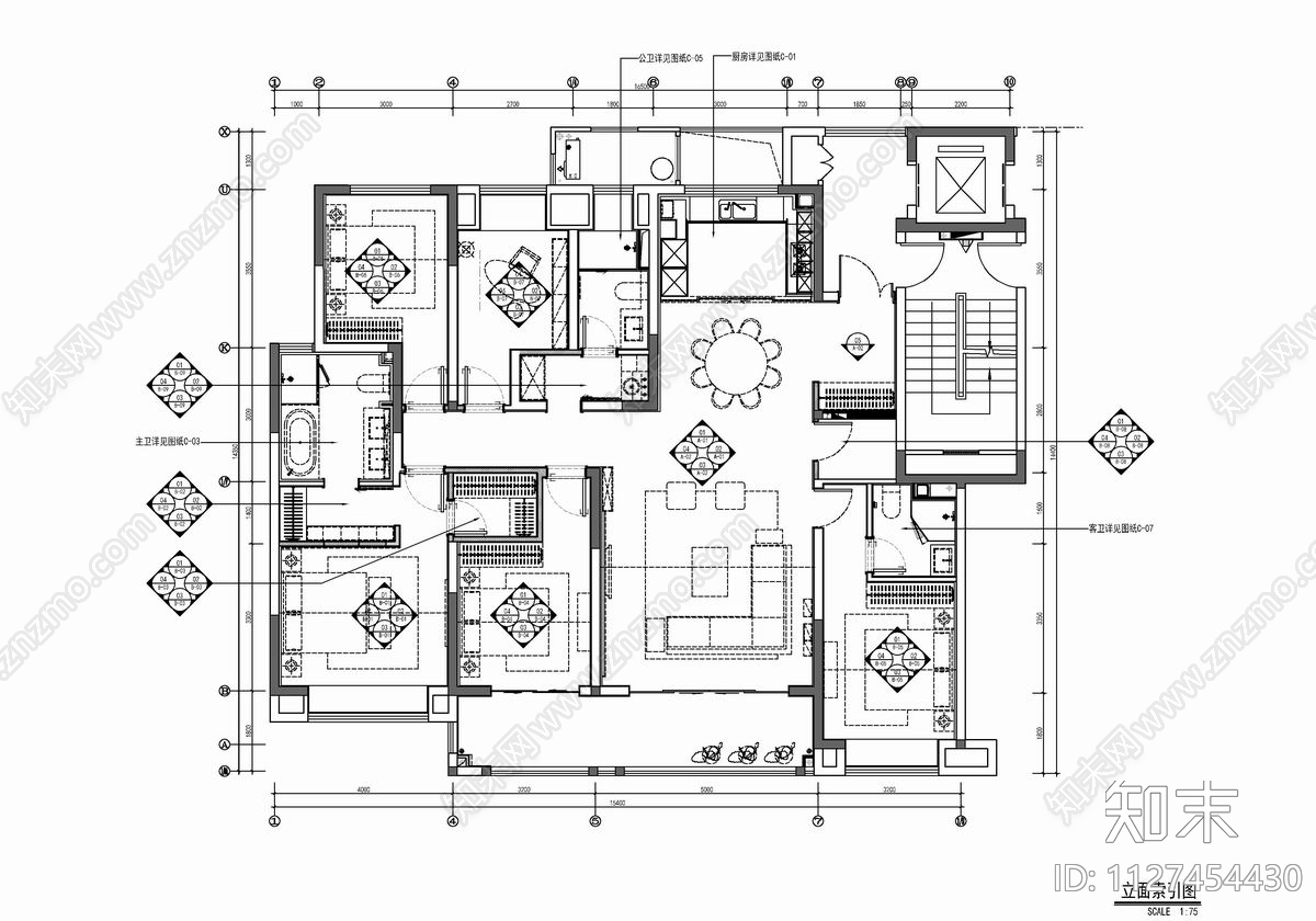 200㎡家装大平层cad施工图下载【ID:1127454430】