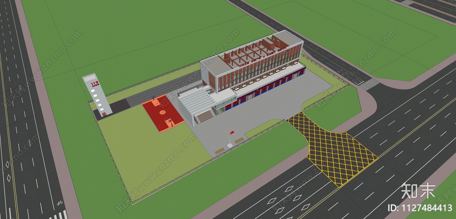 现代消防站建筑SU模型下载【ID:1127484413】