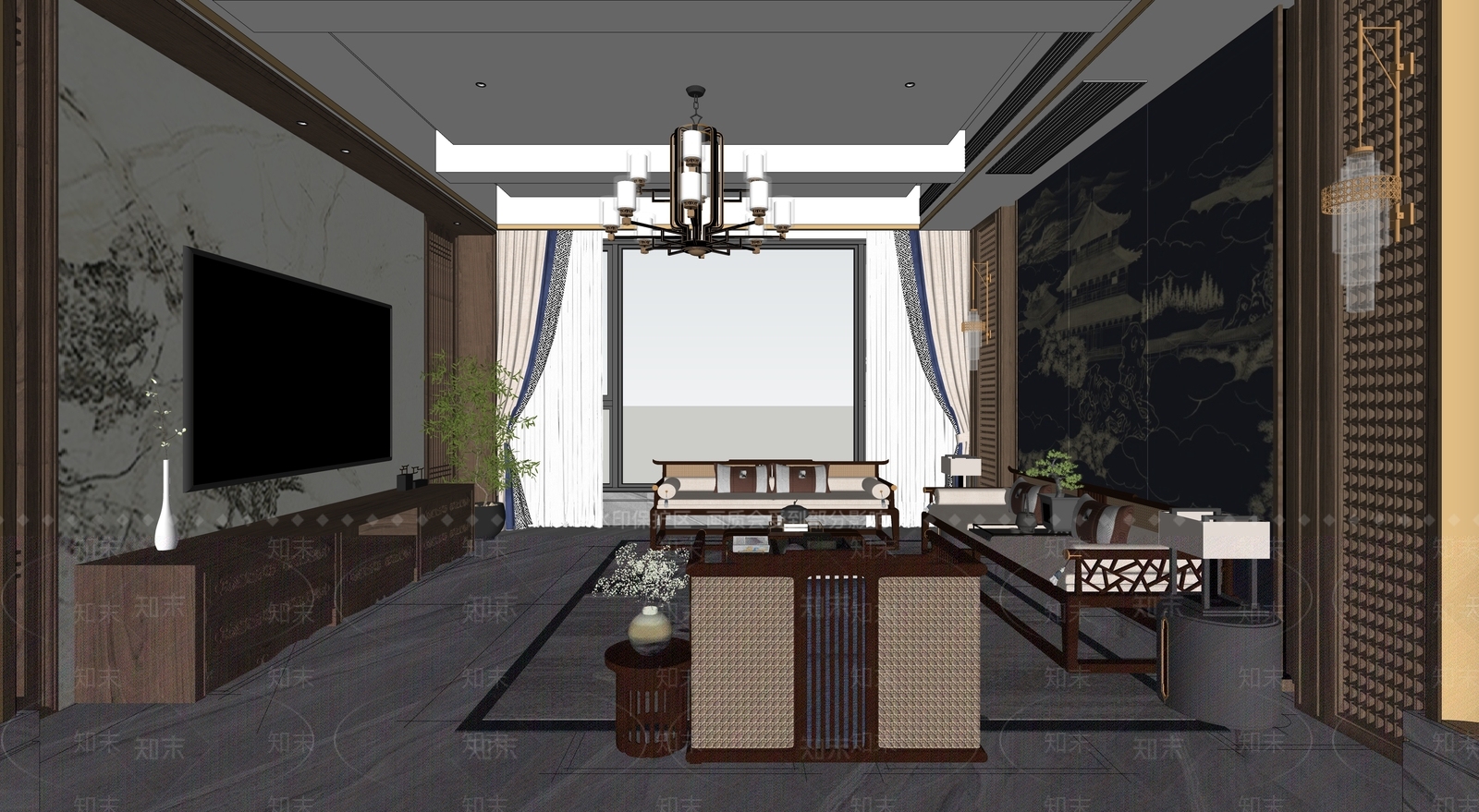 新中式客厅SU模型下载【ID:1127598599】