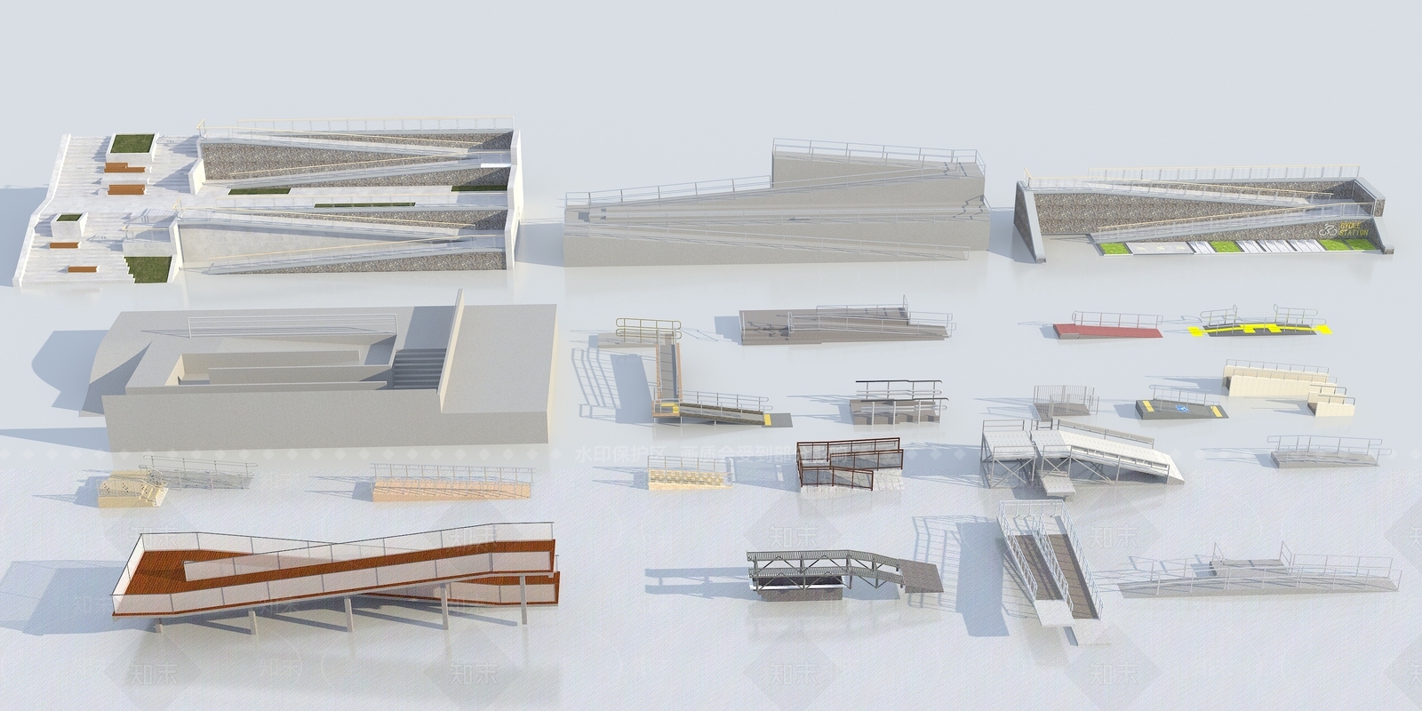 现代无障碍坡道扶手楼梯3D模型下载【ID:1127635871】