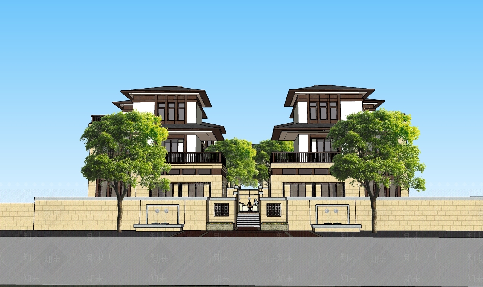 新中式联排别墅SU模型下载【ID:1127643735】_知末su模型网