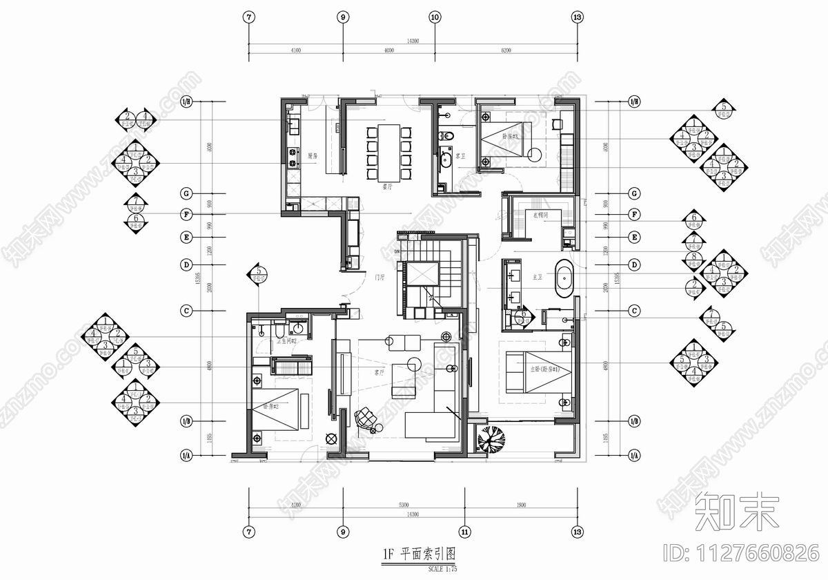 三层复式洋房别墅cad施工图下载【ID:1127660826】