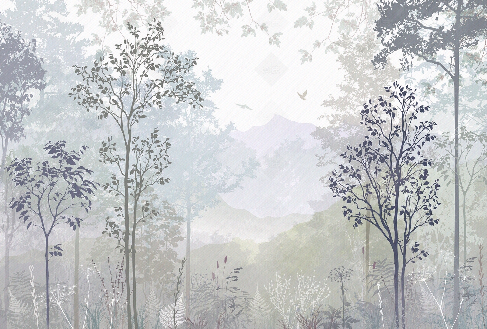 现代森林植物印花壁画贴图下载【ID:1127665987】