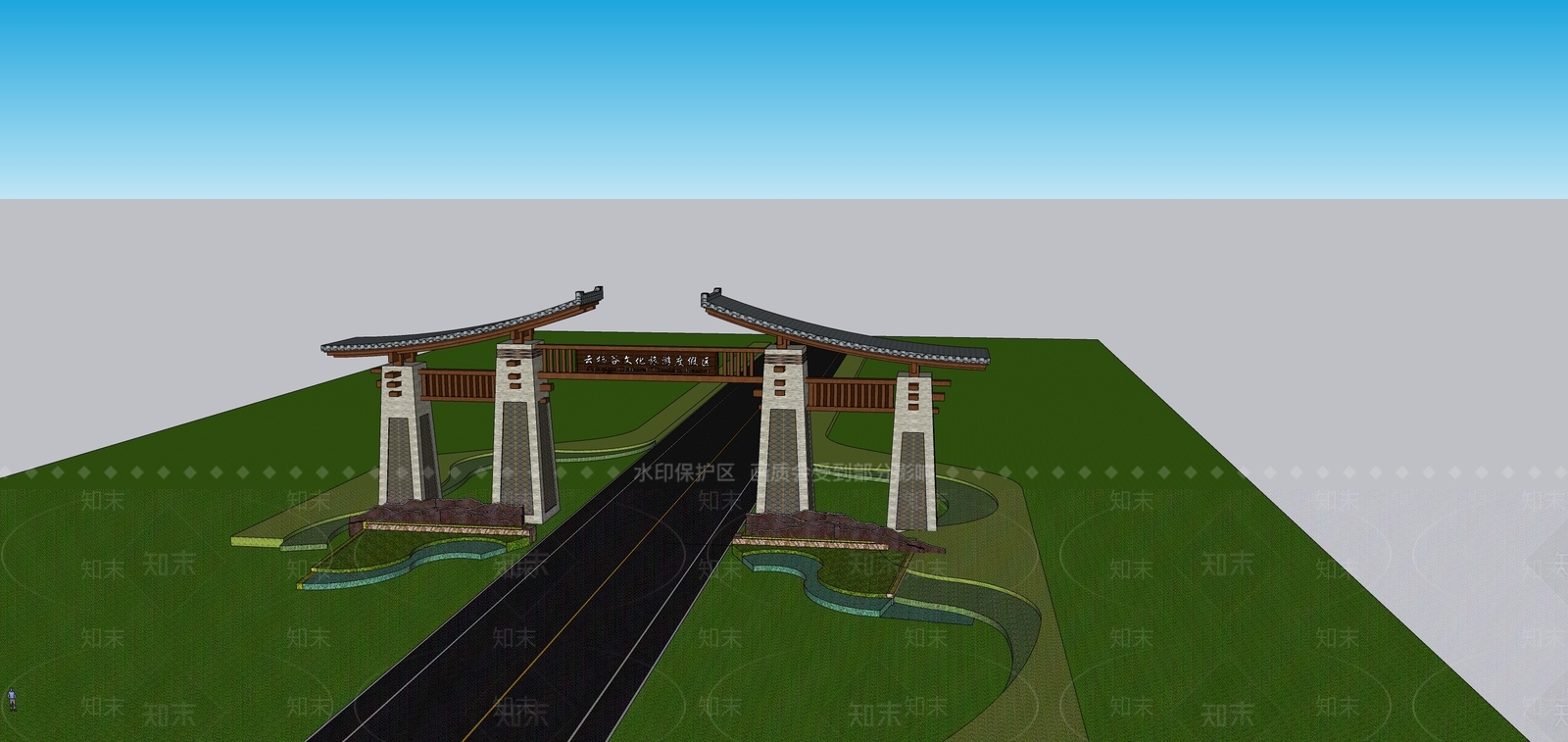 新中式景区入口大门SU模型下载【ID:1127672016】