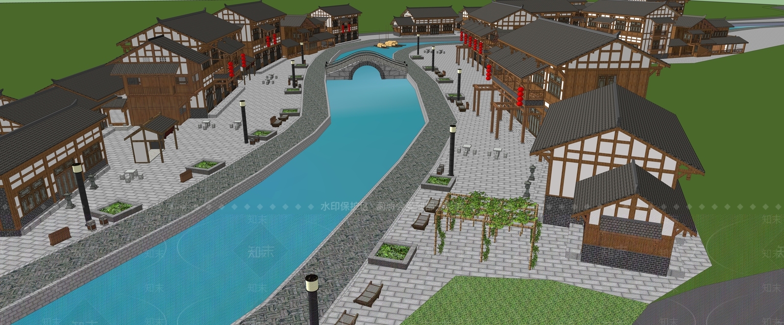 新中式商业街SU模型下载【ID:1127688508】